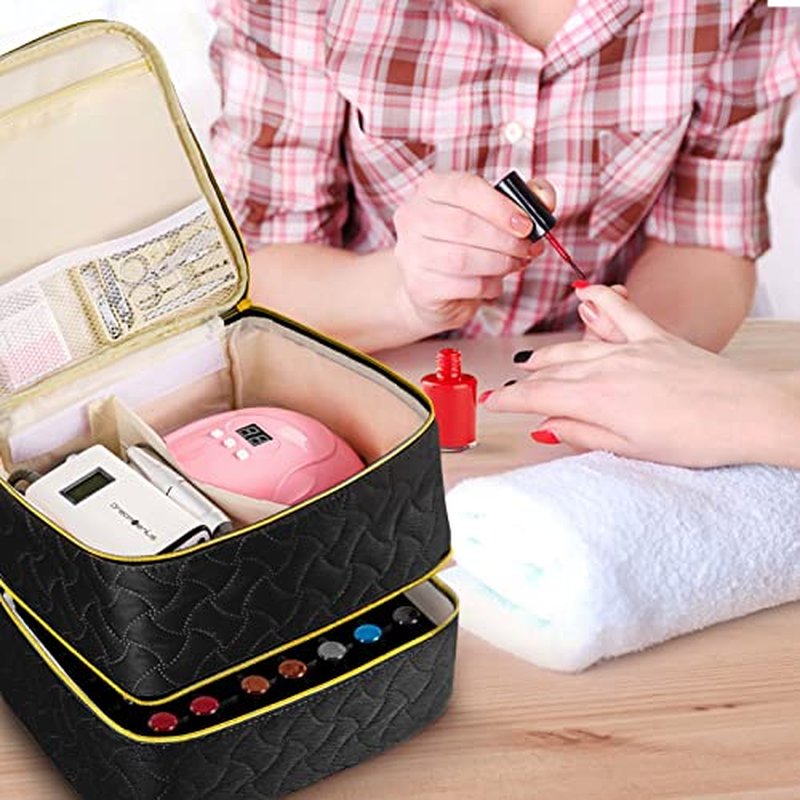 Nail Polish Organizer Case Holds 42 Bottles (15ml/0.5 fl.oz), Double-Layer Nail Polish Storage with Adjustable Dividers, Portable Nail Polish Bag for Nail Gel Nail Lamp and Manicure Tools, Black