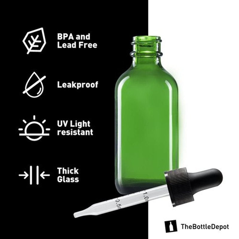 The Bottle Depot - 2 Pack - 2 oz Glass Bottle with Dropper - Green - 20-400 Neck Finish - Boston Round Bottles - Leakproof Essential Oils Bottles