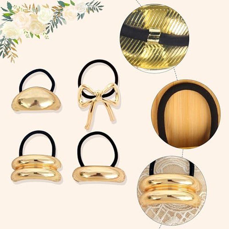 Hair Ties for Women Bowknot Gold Hair Cuff Gold Bow Ponytail Cuff Metal Hair Ties Geometric Elastic Hair Ties for Women Gold Hair Accessories Ponytail Hair Ties for Thick Hair 4PCS (style-01)