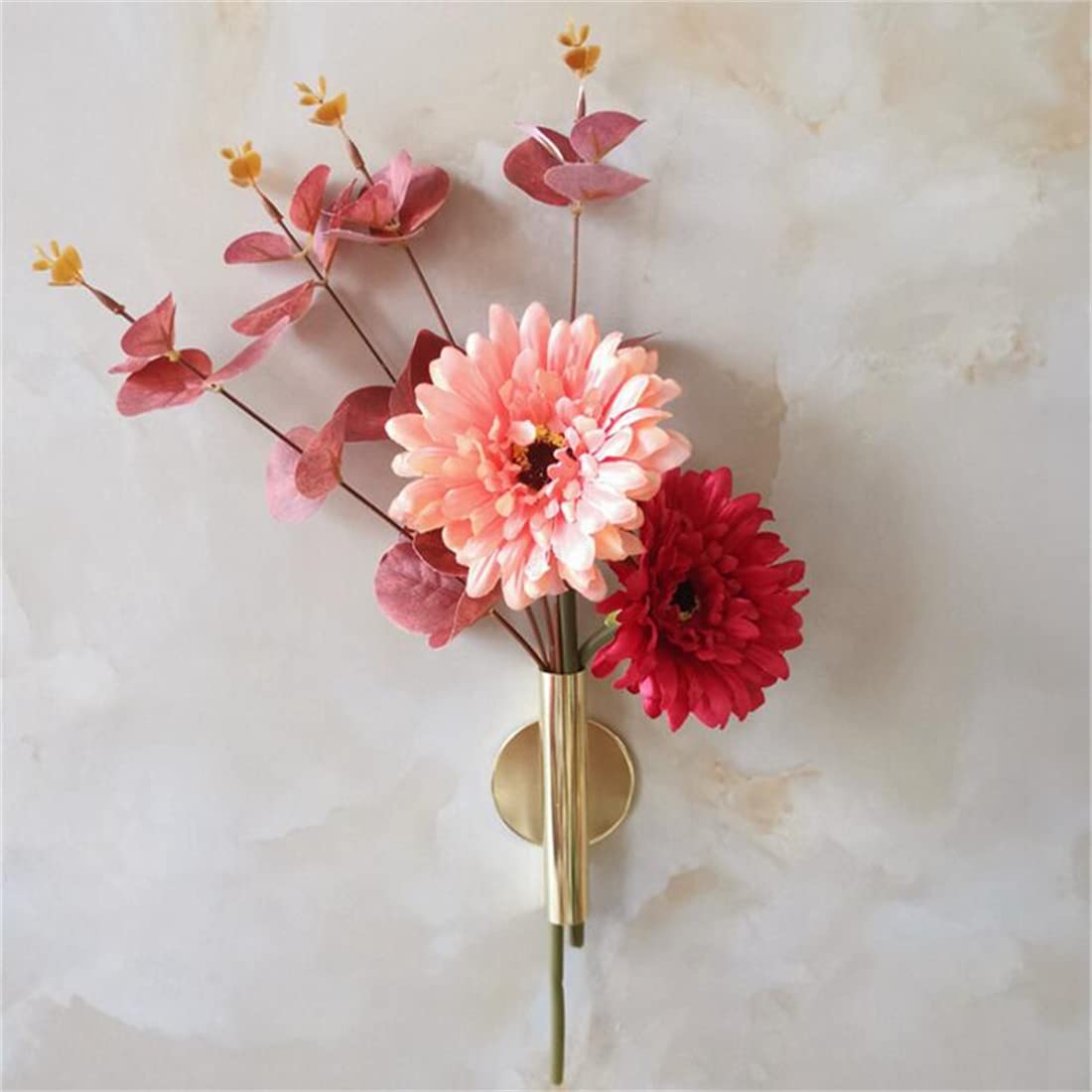 2 Pcs Gold Wall Decor, Plant Wall Vase Metal Tube Decoration Holder Used to Display Dried Flowers, Faux Flowers, Fake Flowers, Also Suitable for Gravestone Memorial Decoration (Round Gold)