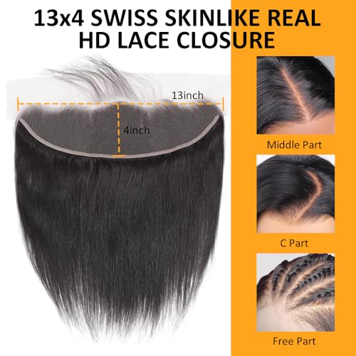 QTHAIR 14A Brazilian Hair Straight Human Bundles with Transparent Hd Lace Closure(16 18 20+14,Natural Black) 100% Unprocessed Human Hair with Swiss Lace Closure Brazilian Straight Weave Hair