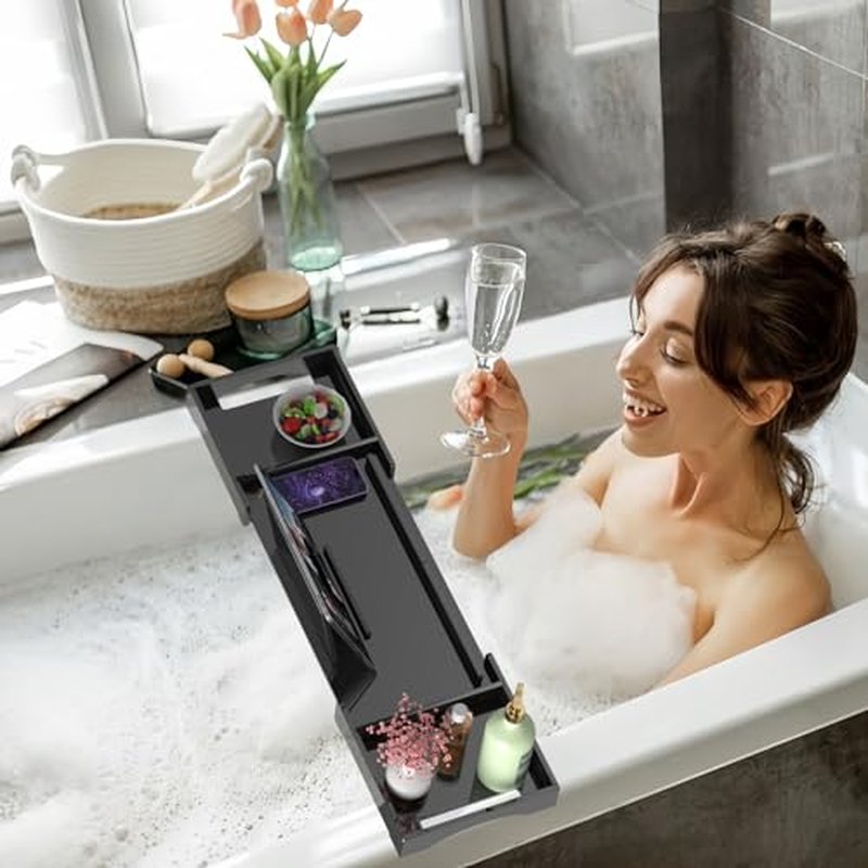 Kucle Expandable Acrylic Bathtub Tray - 18-32 Inches Bath Caddy Tray for Bathtub, Luxury Bath Tub Tray Table for Home Spa, Bath Tray for Tub, Bathroom Tub Accessory Birthday Gift for Her (Black)