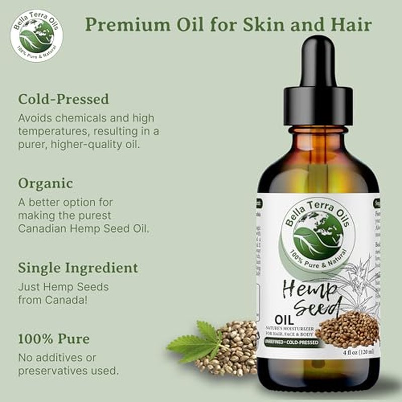 Bella Terra Oils - Hemp Seed Oil 4oz - Unleashing the Power of Cold-Pressed Hemp Nutrition, Vitamin B1 & B2, Elevate Your Beauty Routine with Nature’s Best