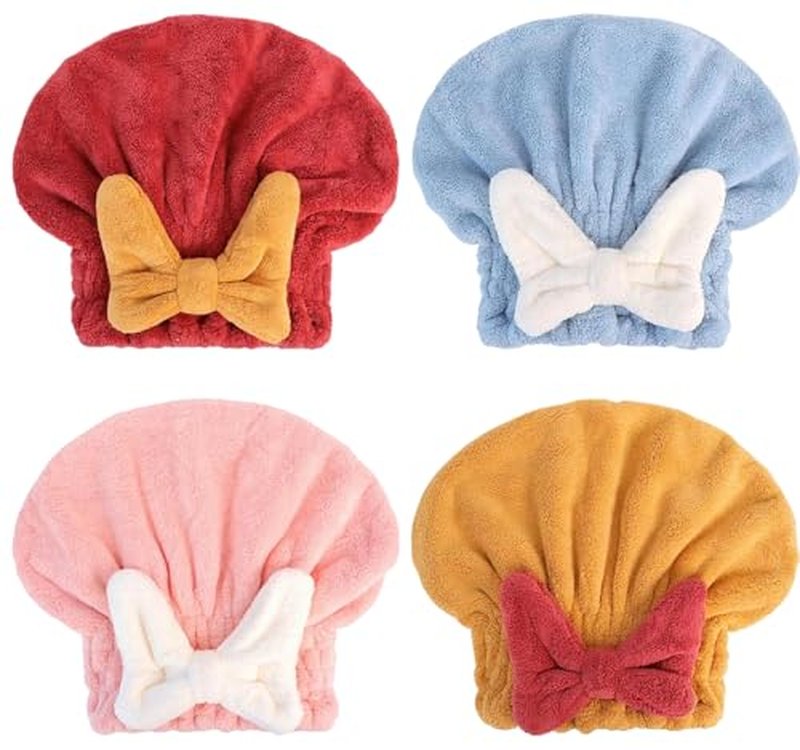 GDSAFS New Super Absorbent Hair Towel Wrap for Wet Hair, Efficient Absorbent Hair Towel Wrap, Microfiber Hair Towel Wrap, Quick-Drying Thickened Soft Bow Tie Wet Hair Towel Wrap for Women (4pcs)