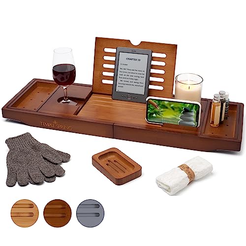 Temple Spring Bathtub Caddy Tray - Extendable Bath Tray for Bathtub with Candle, Wine Glass, Book, Pad & Phone Holders - Adjustable Bathtub Tray Over tub w/Bathroom Accessories - Acacia Wood