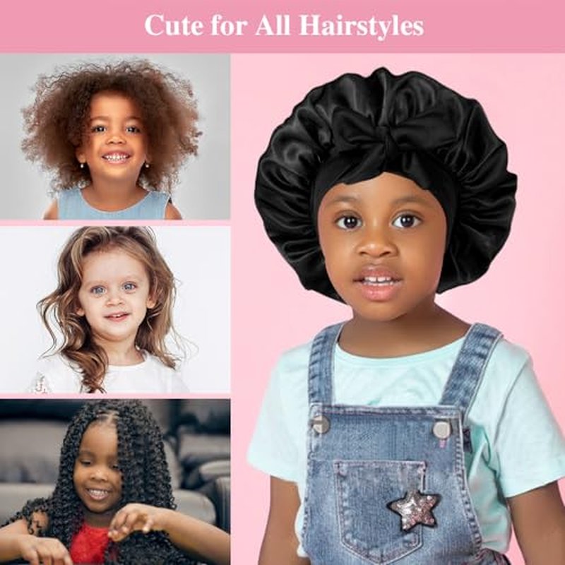 2+2 Satin Bonnets with Scrunchies for Kids, Cute Hair Bonnets for Girls Sleeping Curly Hair, A
