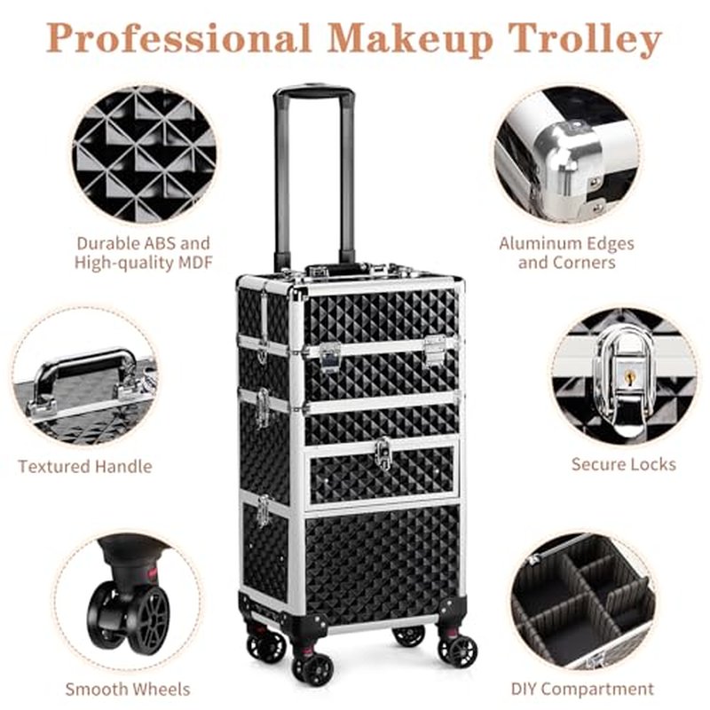 Imseigo 2-In-1 Makeup Train Case Large Storage, Detachable Universal Wheels, Portable Aluminum Cosmetic Trolley, Makeup Travel Case with Diamond Pattern Makeup Artists, Manicurists (Black)