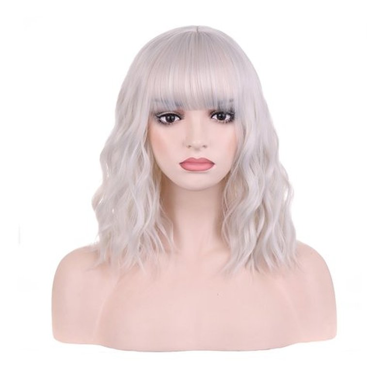 DUDUWIG Short Curly Silver White Wig with Bangs Synthetic Cosplay Hair Wig