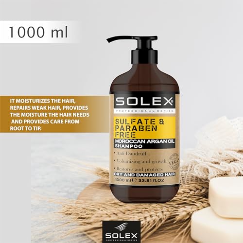 SOLEX Moroccan Argan Oil Shampoo - Sulfate & Paraben Free - Anti Dandruff - Treatment for Men & Women Hair Thickening Volumizing Products, (1 pack x 33.8 Fl Oz. / 1000 mL)