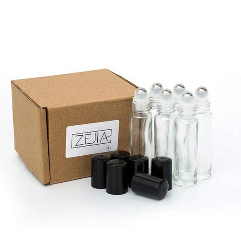 ZEJIA 10ml roller bottles for essential oils, 6 Pack Clear Roll on Bottles, Thick Glass Roller Bottles for Oils, with Stainless Steel Roller Balls, 2 Droppers