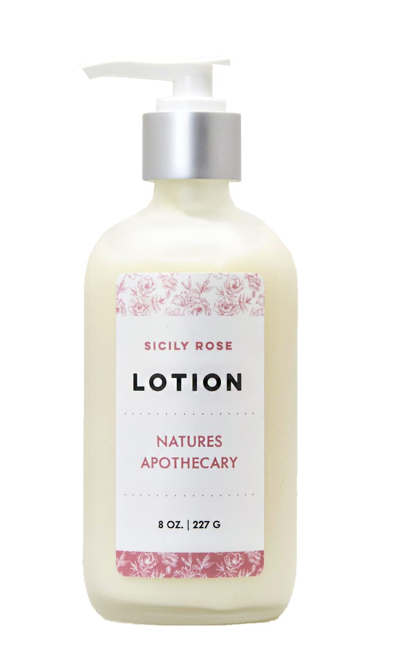 NATURE'S APOTHECARY Sicily Rose Lotion For Dry Skin | Silky, Nourished, Hydrated Skin | Hypoallergenic, All-Natural, Plant-Derived, Made in USA (Reusable Frosted Glass Bottle)