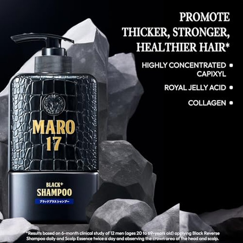 MARO17 Black+ Shampoo - Mens Shampoo For Gray Hair Reversal, Sulfate Free DHT Blocker Shampoo For Men with Royal Jelly & Collagen for Thicker, Darker Hair - Promotes Hair Growth & Prevents Greying
