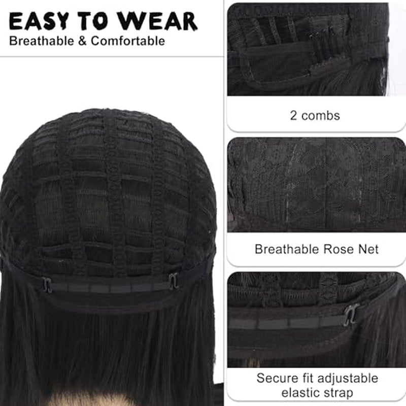 SUKRI Black Bob Wigs for Women Short Straight Bob Wigs with Bangs Middle Part Synthetic Cosplay Costume Party Wigs