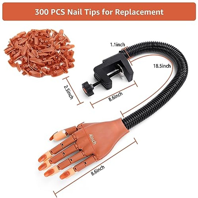 Nail Training Hand for Acrylic Nails, Fake Hand for Nail Practice,Flexible Adjustable Maniquin Hand with 300pcs Nail Refilled Tips for DIY Nail Manicure Supplies Kit