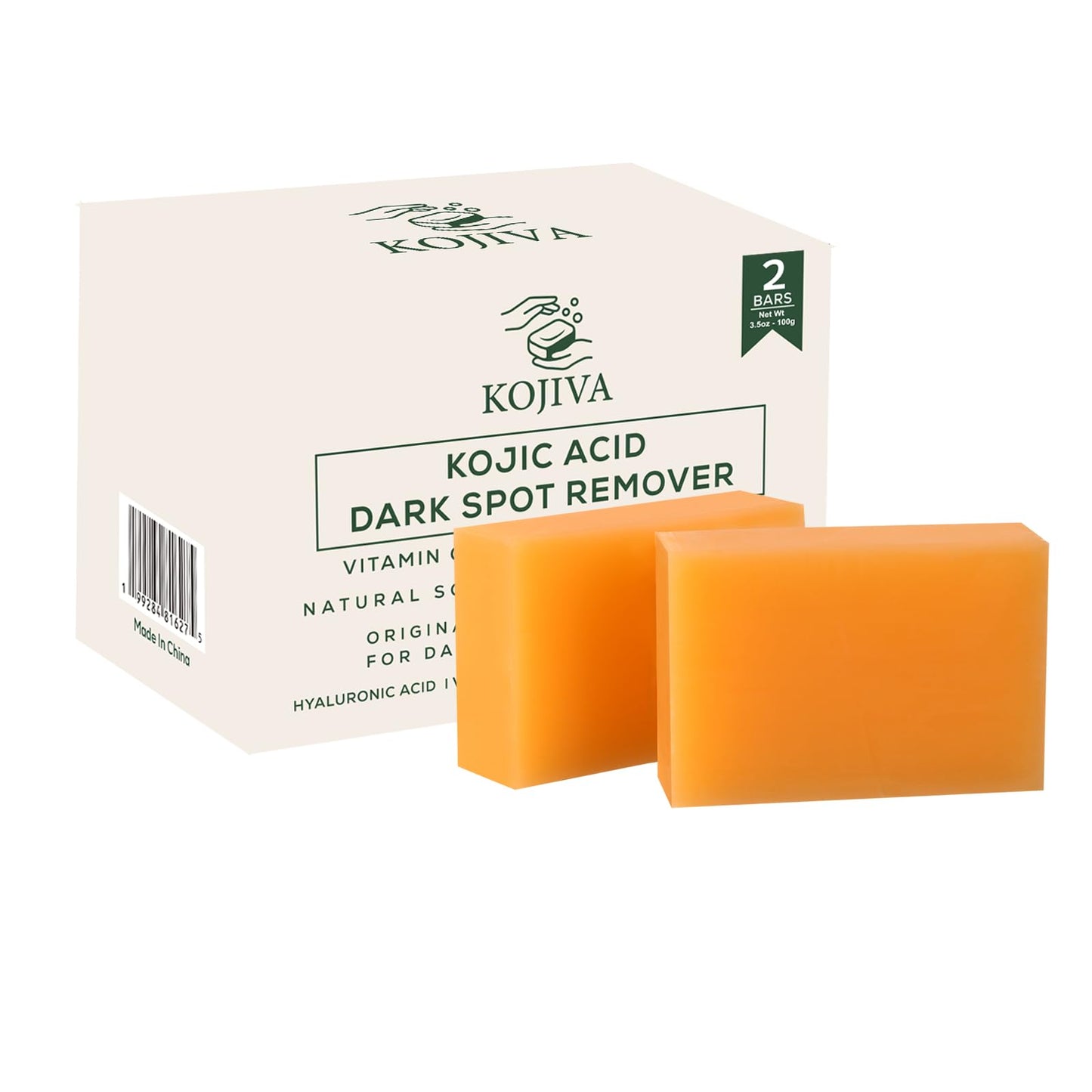Kojiva Kojic Acid Dark Spot Remover Soap, 2 Bars (3.5 oz each), with Vitamin C, Retinol, Turmeric, Natural Skin Brightening