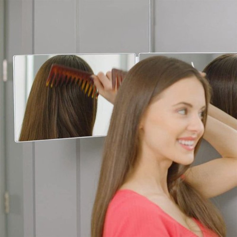 HIEEY 3 Way Mirror for Hair Cutting with LED,360 Trifold Mirror with Height Adjustable Telescoping Hooks,and 5X Magnification Mirror,for Makeup, Hair Styling (White)