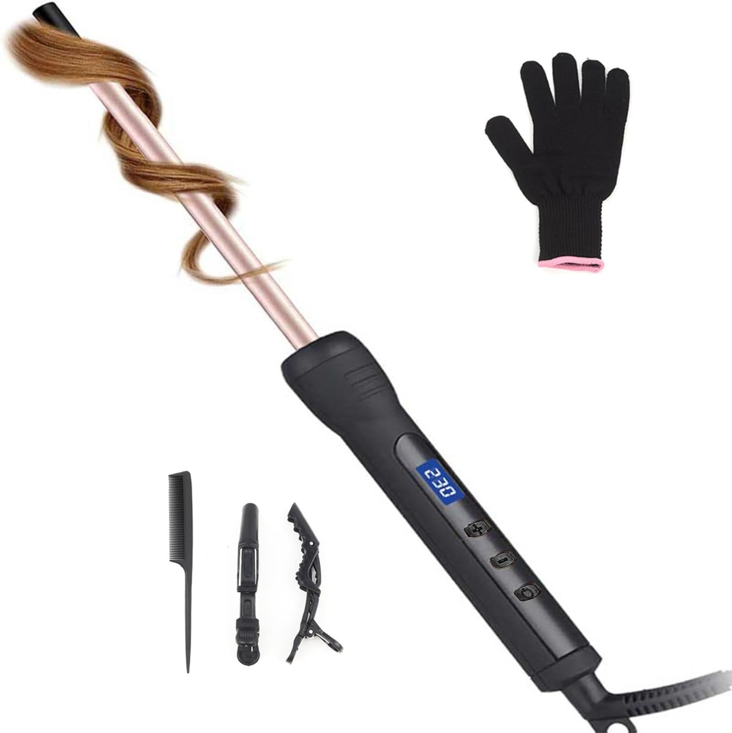 3/8 Inch Thin Curling Iron, 9mm Small Curling Iron with Ceramic Barrel for Short, Medium & Long Hair, LCD Display, Include Glove