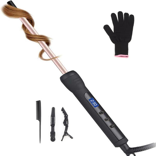 3/8 Inch Thin Curling Iron, 9mm Small Curling Iron with Ceramic Barrel for Short, Medium & Long Hair, LCD Display, Include Glove