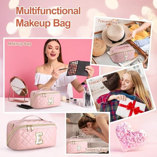 TOPEAST Travel Makeup Bag, Large Capacity Initial Cosmetic Bags for Women, Waterproof Portable Pouch Open Flat Toiletry Bag Quilted Make up Organizer with Divider Handle, Birthday Gift for Women, T
