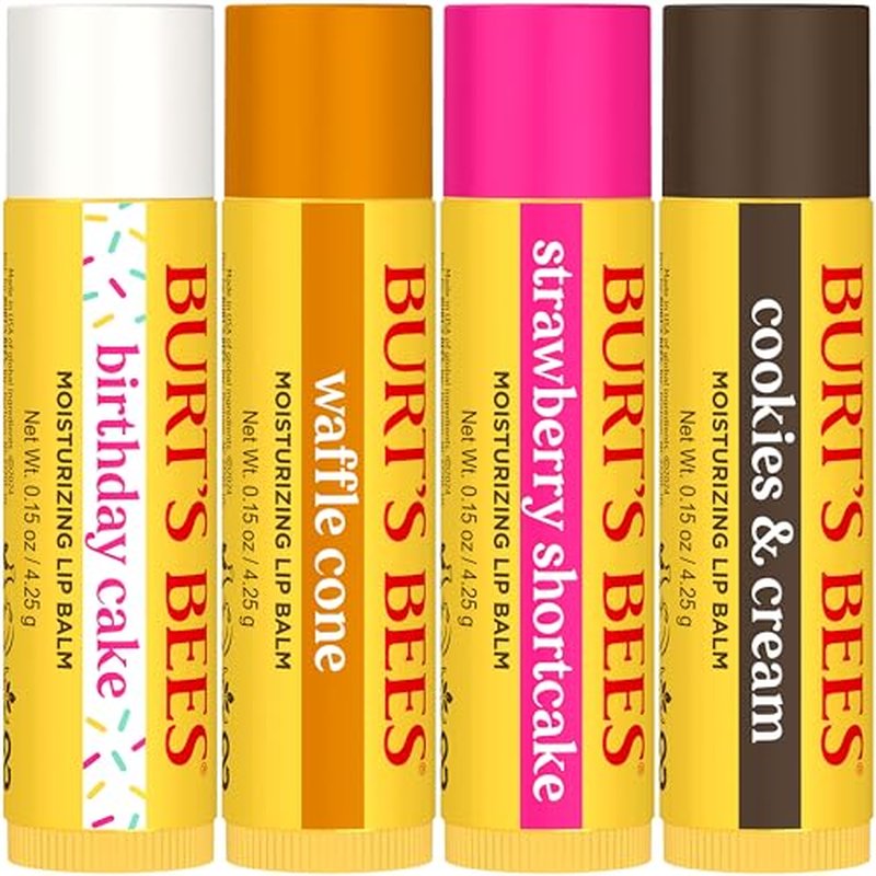 Burt's Bees Lip Balm Stocking Stuffers, Party Pack - Birthday Cake, Waffle Cone, Strawberry Shortcake, and Cookies & Cream, All Day Moisturizer, Tint-Free, Natural Origin Treatment (4-Count Pack of 1)