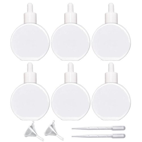 PYAWI 6Pcs, 2 oz White Glass Dropper Bottles for Essential Oils ，60ml flat round perfume bottle with Eye Droppers， for Essential Oils, Perfumes, Serums - Leakproof for Travel (A-White)