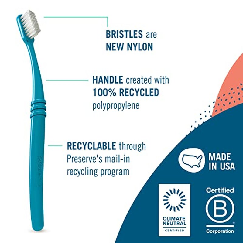 Preserve Eco Friendly Adult Toothbrushes, Made in The USA from Recycled Plastic, Ultra Soft Bristles, Paperboard Package, Colors Vary, 6 Count (Medium)