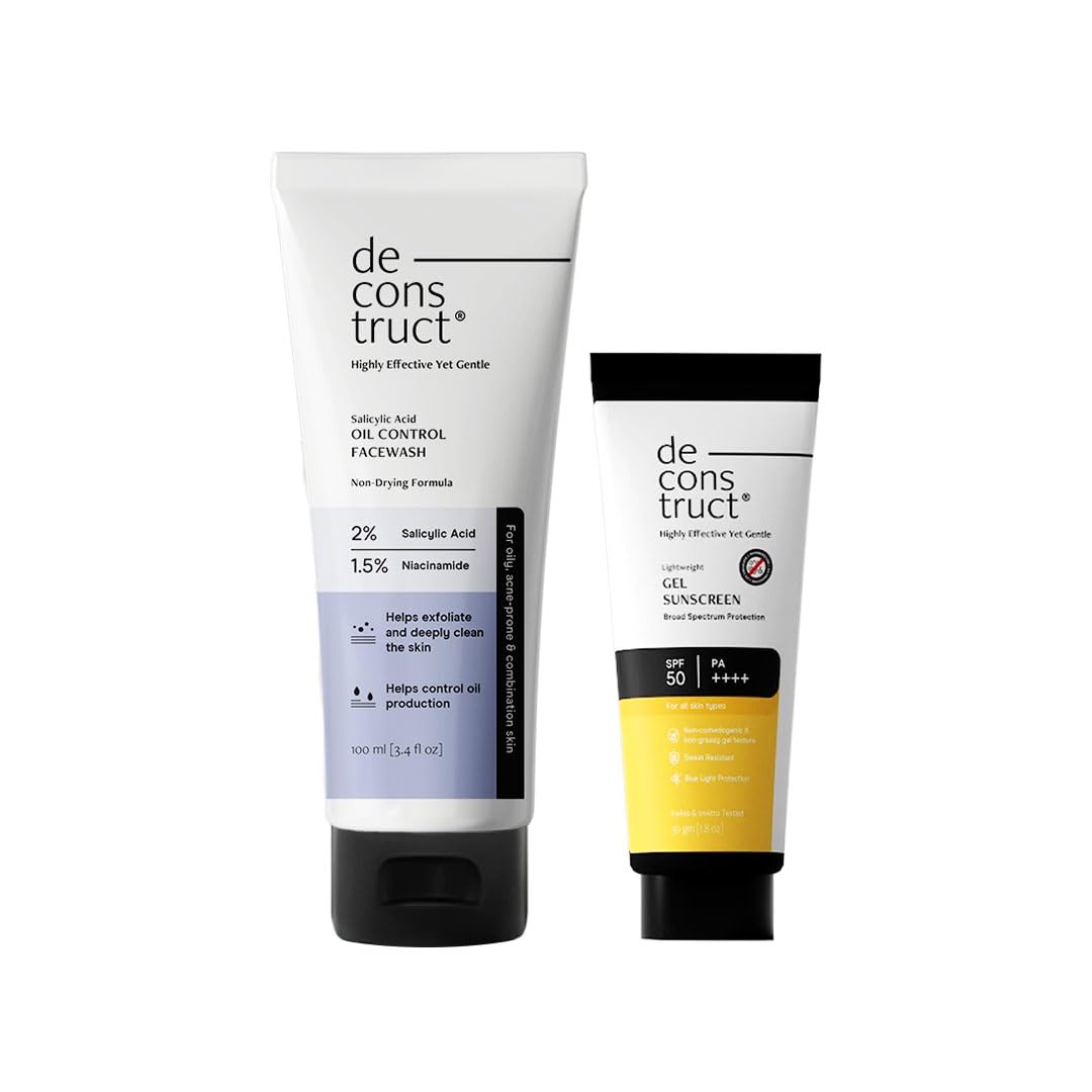 Deconstruct Oily Skin Essentials: Salicylic Oil Control Face Wash Cleanser & Spf 50+ Gel Sunscreen | Oil Control Face Wash (100Ml) And Gel Sunscreen (50 G)| Pack Of 2