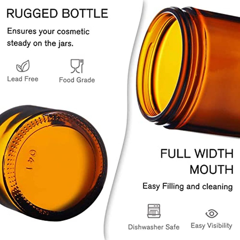 Bumobum 1 oz Amber Glass Jars with Lids, 105 pack Clear Small Jars with Black Lids, White Labels and Inner Liners, Empty Round Cosmetic Containers for Cream, Lotion (Amber 105 Pack)