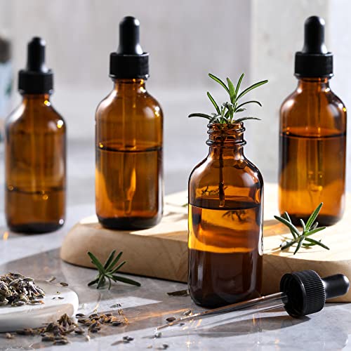 AOZITA 4 Pack, 2 oz Dropper Bottles with 1 Funnel & 4 Labels - 60ml Thick Dark Amber Glass Tincture Bottles with Eye Droppers - Leakproof Essential Oils Bottles for Health, Personal Care & Beauty