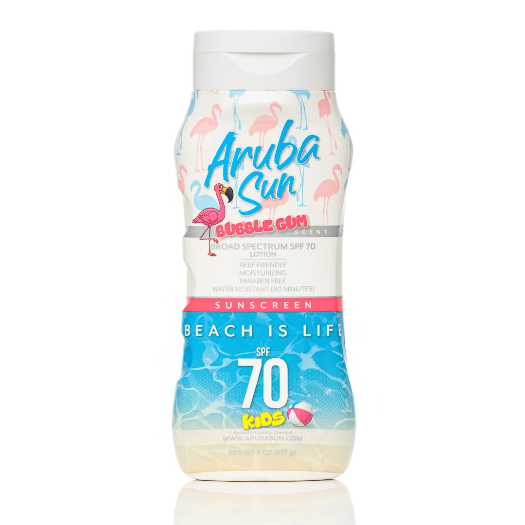 ARUBA SUN Kids SPF 70 Sunscreen Lotion with Bubble Gum scent | Aruba Reef Act Compliant no 67, Octinoxate & Oxybenzone Free | Water-Resistant, Non-Greasy, Broad Spectrum UVA/UVB Sunscreen, 8 oz