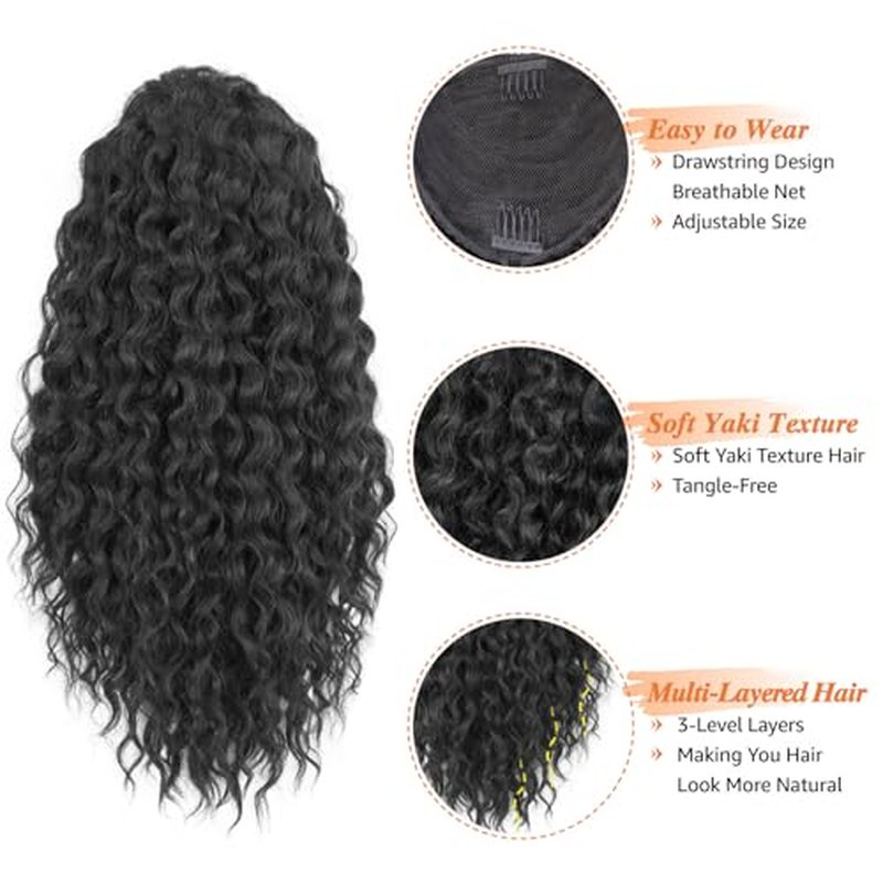 Rafabcici Ponytail Extension with Bangs,Yaki Curly Drawstring Ponytail Extension for Women 20 Inch Long Wavy Layered Pony Tails Hair Extensions Synthetic Clip in Ponytail Hairpiece for Women(BUG)