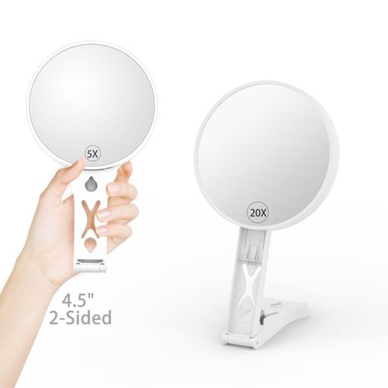 5X+20X Double Sided Magnifying Mirror,4.5" Vanity Hand Mirror with Magnification,Portable Magnified Mirror with Foldable Handle,Travel Makeup Mirror 20x with Detachable Stand,Desk 20x Mirror Stand