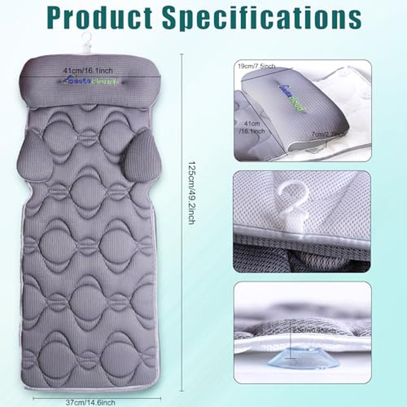 Full Body Bath Pillow, Bathtub Mattress Luxury Cushion with Large Suction Cups, Comfort Support Your Head, Neck, Shoulder, Back and Tailbone, Relax & Quick Drying, Gray