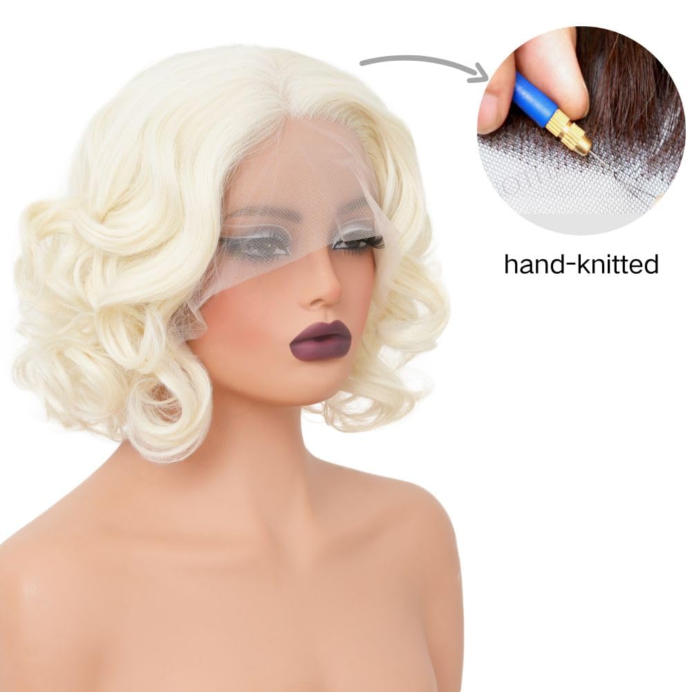 Salaibs Blonde Short Curly Lace Front Wig for Women Platinum Synthetic Hair Natural Hairline Wigs for Cosplay Daily Party Use