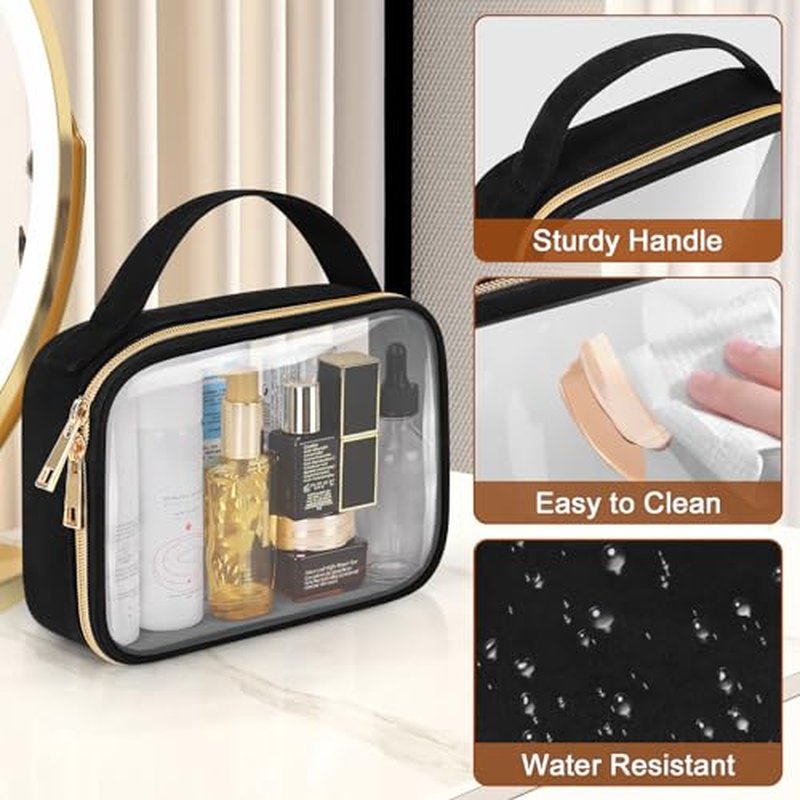 Wedama Clear Toiletry Bag, 2 Pack Clear Makeup Bags with Handles, Large Travel Bags PVC Clear Cosmetic Bags for Women and Men, Carry on Airport Airline Compliant Bag, Black