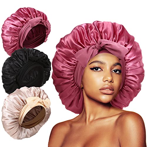 3Pcs Satin Silk Bonnet for Sleeping, Braids Hair Bonnets for Sleeping with Tie Band showercap(Black+Light Green+Dark Green)