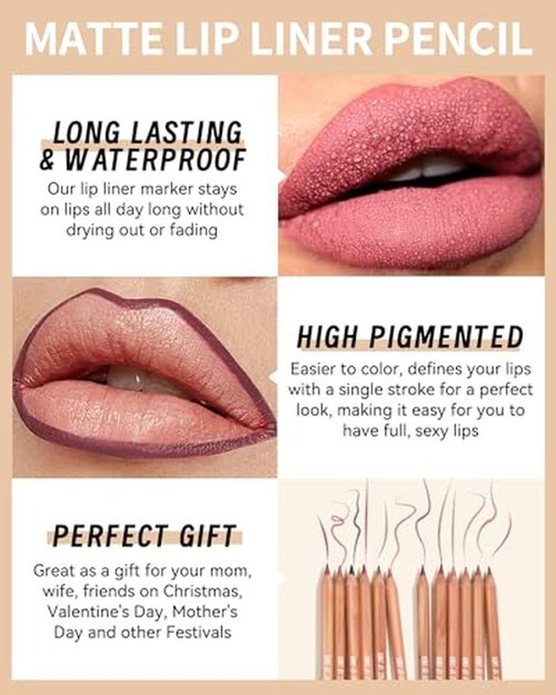 Matte Lip Liner Pencil Set, 12 Colors Creamy Lipliner Crayon, Long Lasting Waterproof Lip Tint Stain, Smooth, High Pigmented, Smudge-Proof Non-Stick Cup Lipstick Makeup Pen, Lip Liners Kit for Women-P
