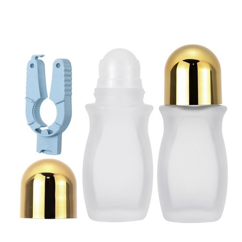 Kesell 2PCS 50 ml Frosted Clear Glass Roll On Bottles with Plastic Roller Ball Empty Deodorant Roller Bottle Essential Oil Bottle Container for Perfume (Gold Cap and 1pcs Opener)