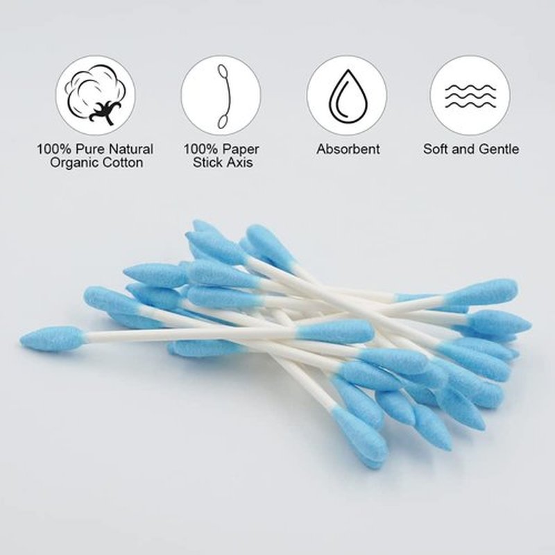 HOMEFOX Blue Cotton Swabs Precision Pointed - 400 Count Pointy Organic Cotton Buds Double Side Tightly Wrapped Cotton Tips Paper Stick Soft Gentle Lint-Free Cruelty-Free, Pointy & Round (Blue)