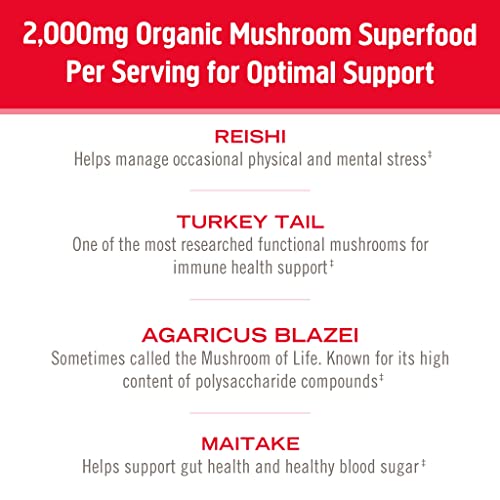 Om Mushroom Superfood Immune Defense Mushroom Capsules Superfood Supplement, 90 Count, 30 Days, Mushroom Blend, Reishi, Turkey Tail, Maitake, Agaricus Blazei, Vitamin C, Vegan