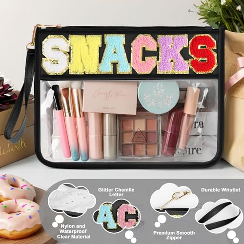 TESAFNG Snack Bag for Travel - Clear Chenille Varsity Letter Flat Pouch with Zipper, Waterproof Clear PVC&PU Preppy Patch Makeup Cosmetic tote Bags for Women Girls (Black-Snacks)