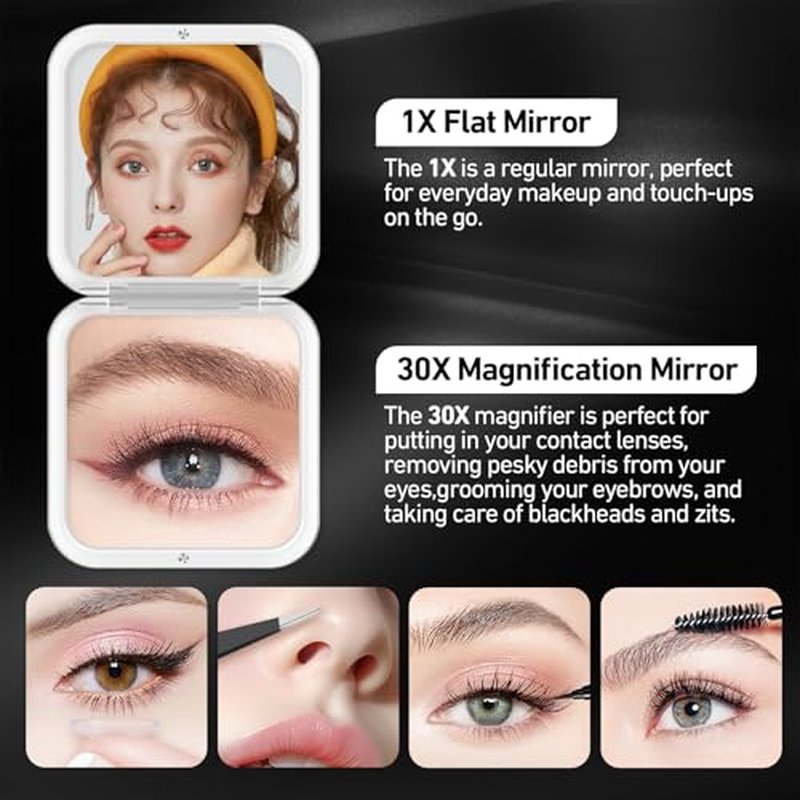 Compact Mirror, 30X Magnifying Mirror, Square Travel Makeup Mirror, 3.3x3.3 inch Small Pocket Mirror, 2-Sided Travel Essential Mirror, Women's Magnetic Portable Mirror with Precision Tweezers, Black
