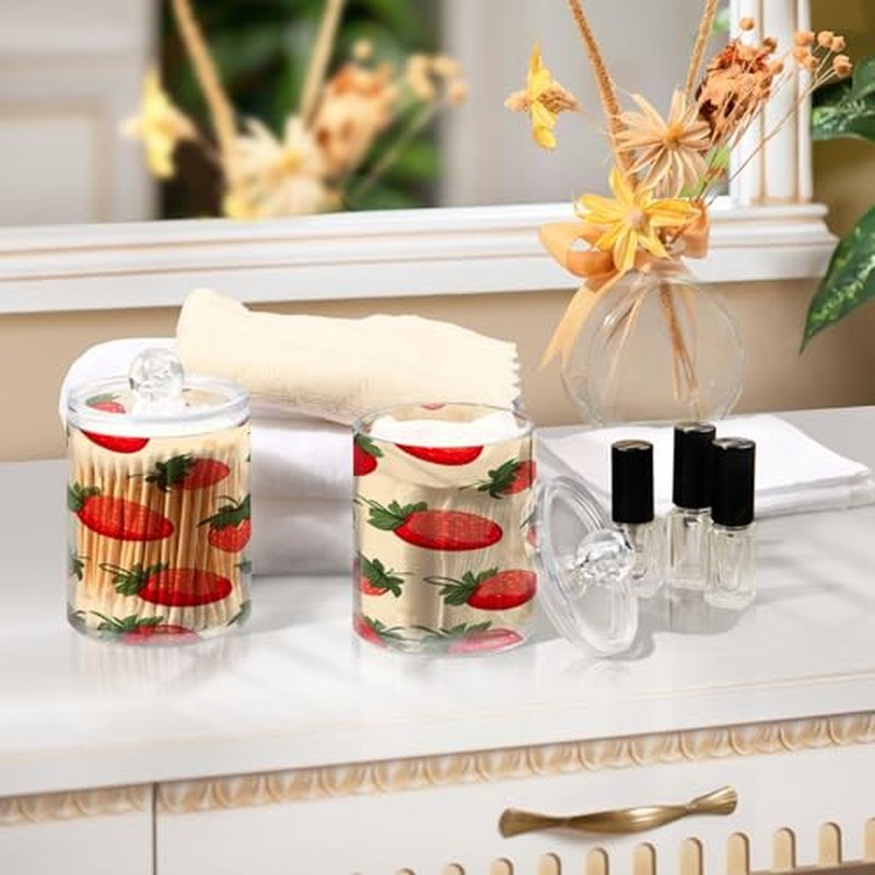 Blueangle 2 Pack Strawberry Pattern Qtip Holder Dispenser for Cotton Ball, Cotton Swab - Plastic Apothecary Jar Set for Bathroom Canister Storage Organization（896）
