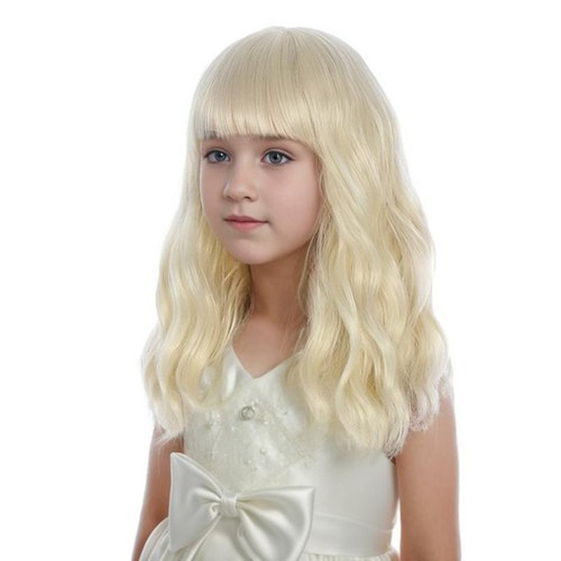 DUDUWIG kids Light Blonde Wig Girls Short Blonde Wavy Curly Wigs with Air Bangs Child Platinum Blonde Wig Synthetic Cosplay Hair Wig