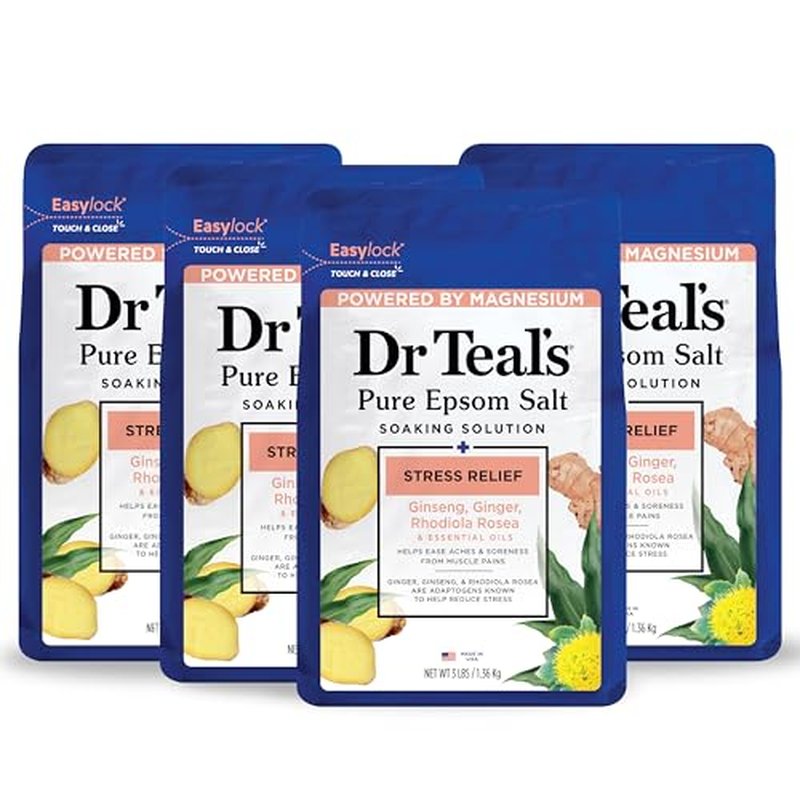Dr Teal's Epsom Salt Magnesium Soak, Salt Stress Relief with Ginseng & Ginger Essential Oils, 3 lbs (Pack of 4)
