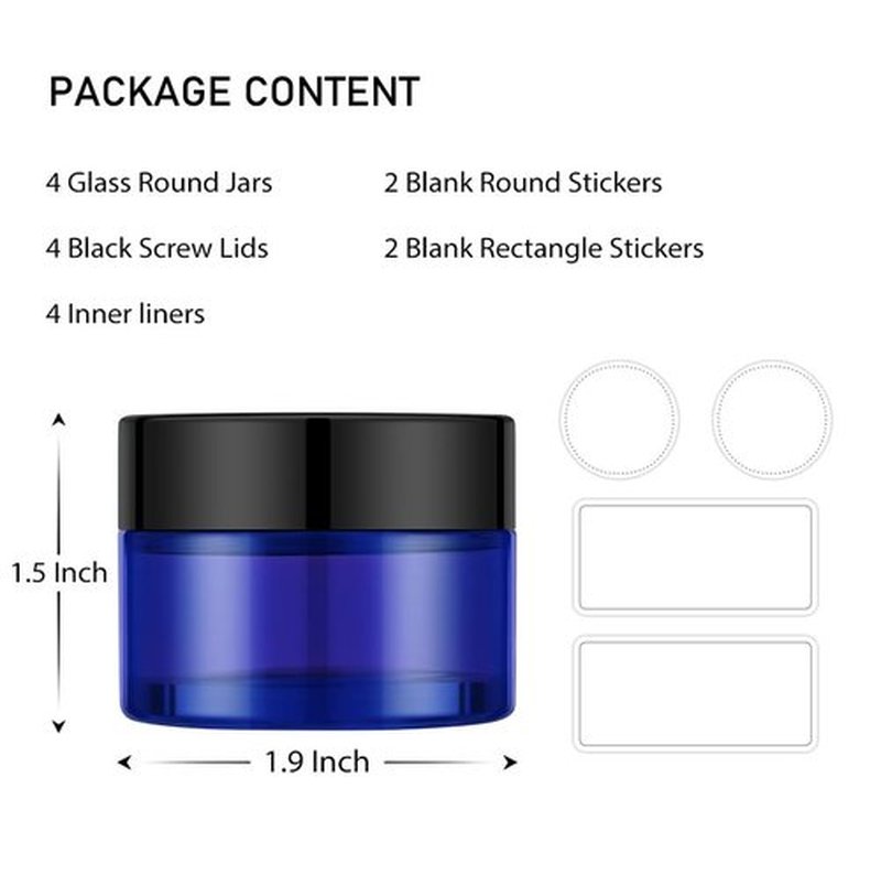 4 Pack 1oz Cosmetic Glass Jars with Lids, Blue Glass Jars with Lids & Stickers, Reusable Empty Round makeup container for Creams, Lotion, Makeup