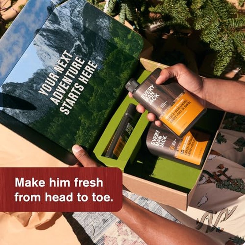 Every Man Jack Men’s Amber + Sandalwood Bath and Body Gift Set - Clean Ingredients & Sandalwood, Amber, and Vetiver scent - Round Out His Routine with Body Wash, 2-in-1 Shampoo, Deodorant & Face Wash