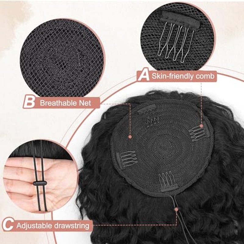 ALXNAN Wavy Curly Ponytail Extension, 8" Black Drawstring Ponytail for Black Women Short Soft Natural Synthetic Hairpiece Thick For Daily Use