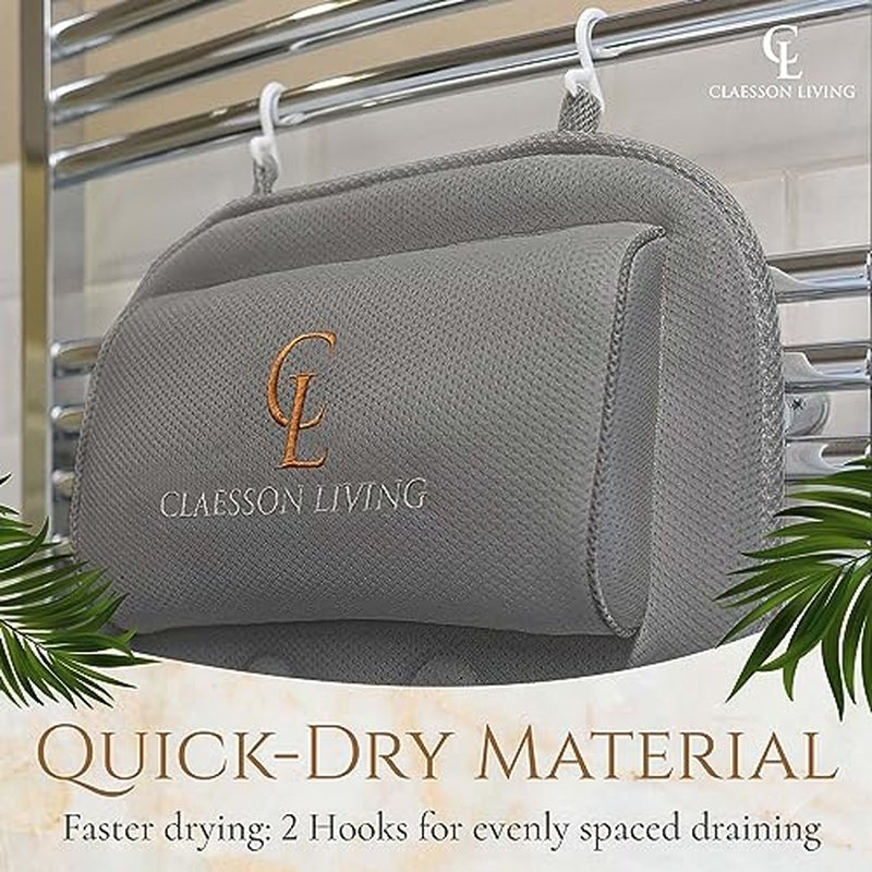 Claessonliving Full-Body Bath Pillow (17'' x 49'') - Bathtub Cushion with Headrest Supports Neck, Back and Legs - Free Hanging Hooks for Fast Drying Over Tub - Includes Washing and Travel Bags - Gray