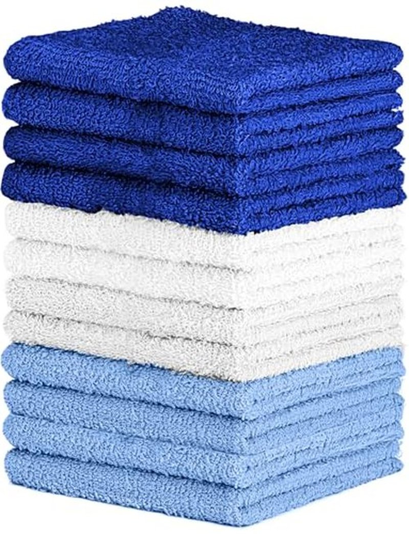 QUBA LINEN 100% Cotton - Wash Cloth Set - Pack of 24, Flannel Face Cloths, Highly Absorbent and Soft Feel Fingertip Towels (Blue, White and Navy, 12x12 Pack of 12)
